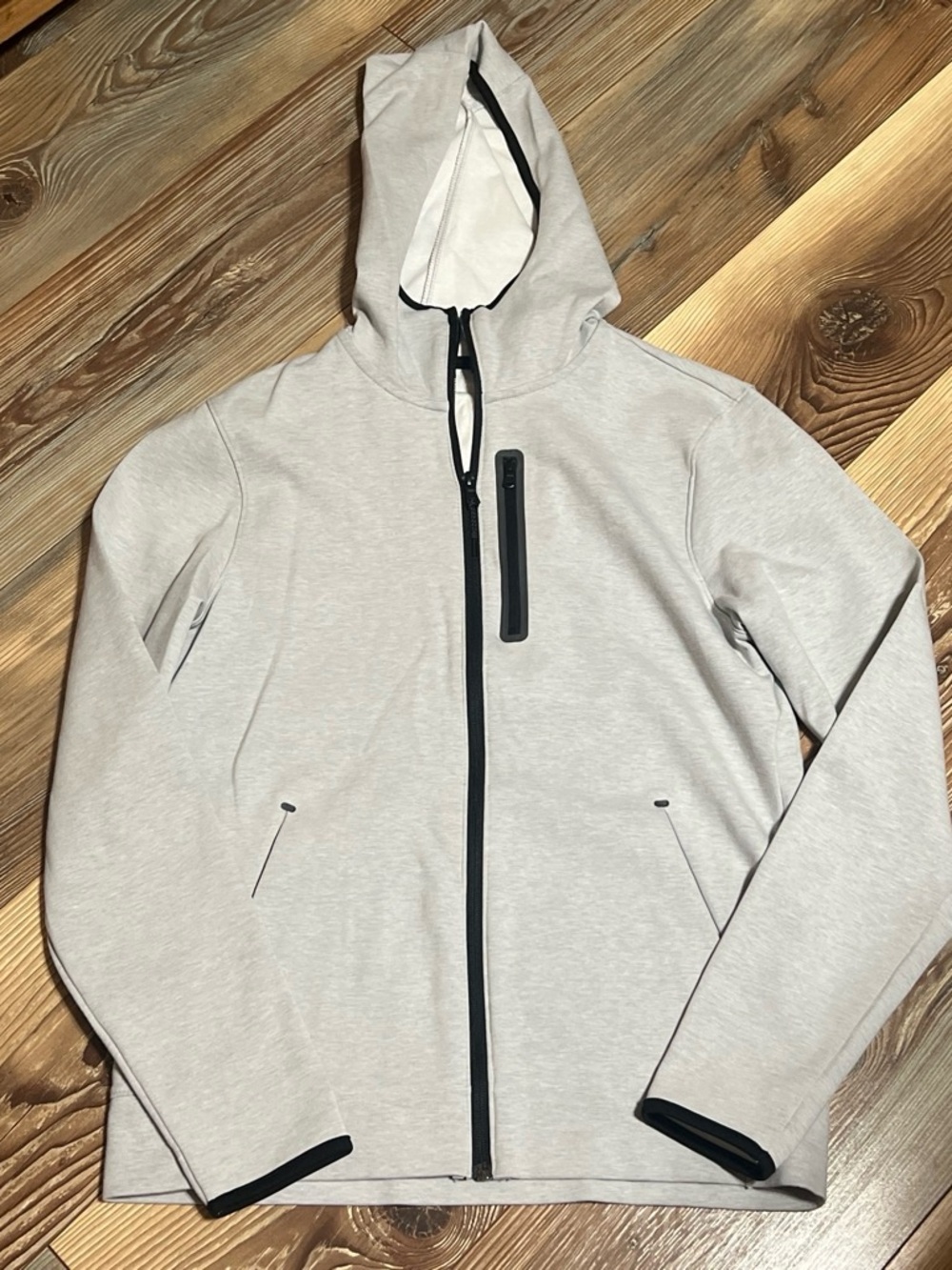Old Navy Light Gray Hooded Performance Zip Jacket with Black Trim